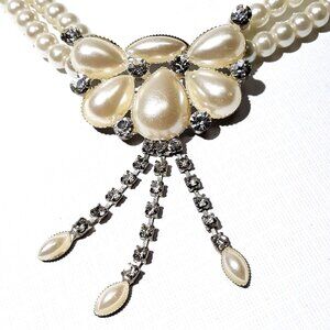Pearl Rhinestones Necklace Choker Pendant Faux White Prong Set Wedding Prom